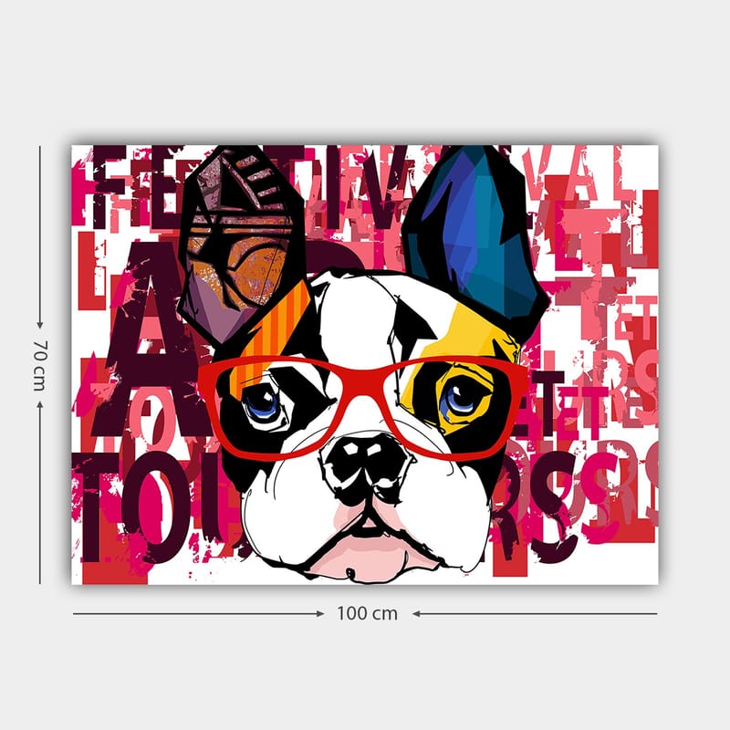 Lærred 70x100 cm - Farverig fransk bulldog med briller og legende detaljer - Hvid / Sort / Rød - Boligtilbehør - Billeder & kunst - Billeder på lærred