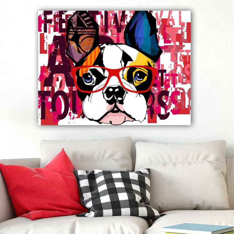Lærred 70x100 cm - Farverig fransk bulldog med briller og legende detaljer - Hvid / Sort / Rød - Boligtilbehør - Billeder & kunst - Billeder på lærred