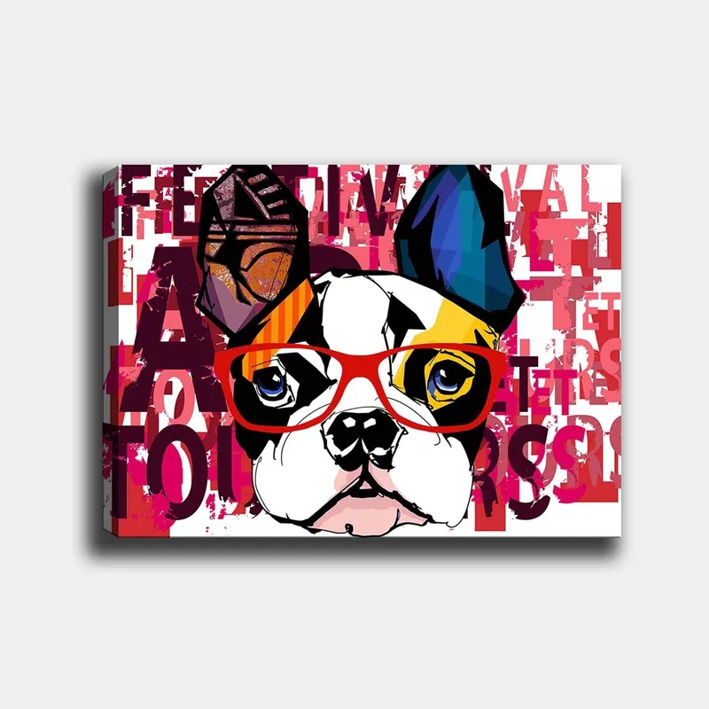 Lærred 70x100 cm - Farverig fransk bulldog med briller og legende detaljer, Hvid / Sort / Rød