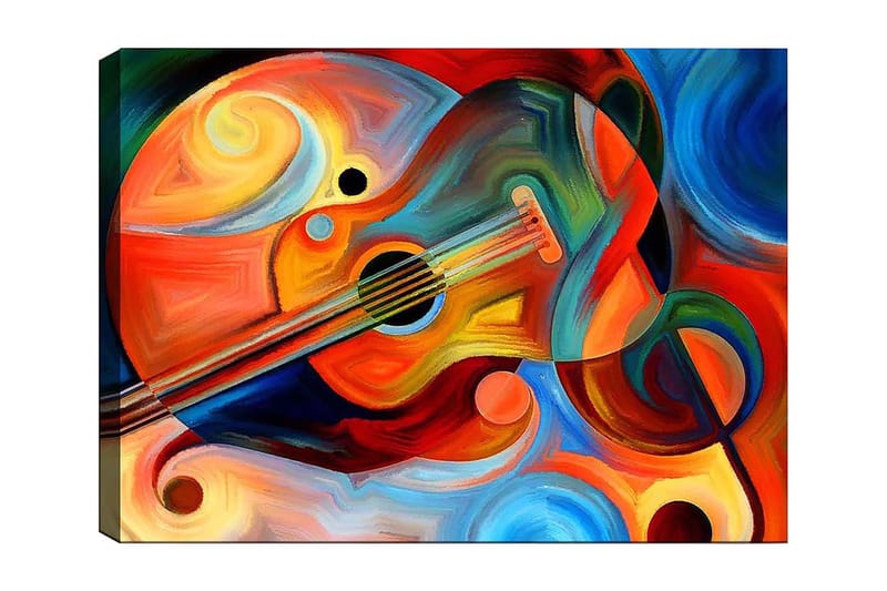 Lærred 70x100 cm - Farverig guitar omgivet af abstrakte former og svingende linjer - Rød / Orange / Blå - Boligtilbehør - Billeder & kunst - Billeder på lærred