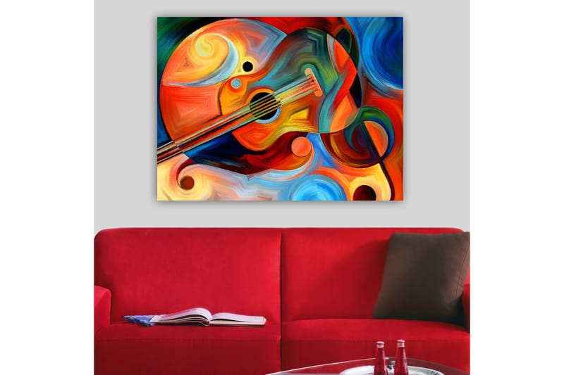 Lærred 70x100 cm - Farverig guitar omgivet af abstrakte former og svingende linjer - Rød / Orange / Blå - Boligtilbehør - Billeder & kunst - Billeder på lærred