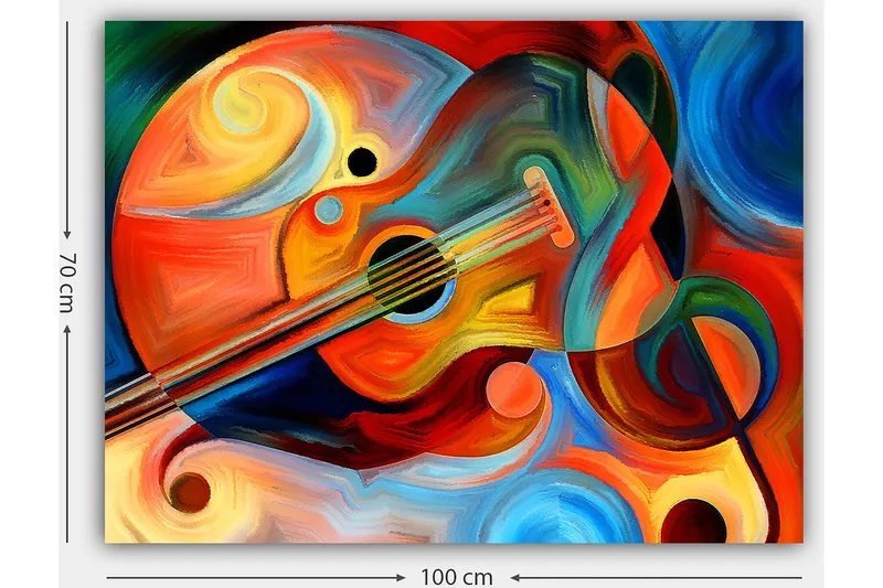Lærred 70x100 cm - Farverig guitar omgivet af abstrakte former og svingende linjer - Rød / Orange / Blå - Boligtilbehør - Billeder & kunst - Billeder på lærred