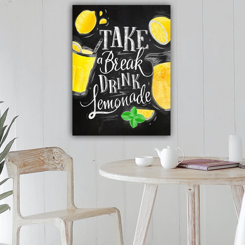 Lærred 70x100 cm - Farverig illustration af en limonade med citronskiver og friske mynteblade - Gul / Grøn / Hvid - Boligtilbehør - Billeder & kunst - Billeder på lærred