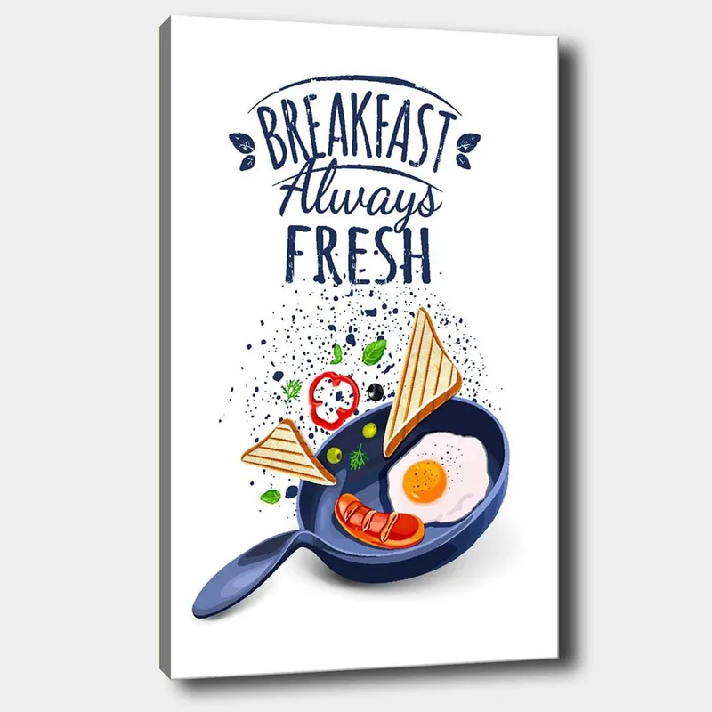 Lærred 70x100 cm - Farverig illustration af morgenmad med æg, pølse og toast i en stegepande, Blå / Gul / Rød