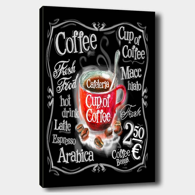 Lærred 70x100 cm - Farverig kaffekop med damp, omgivet af tekst og kaffebønner - Rød / Sort / Hvid - Boligtilbehør - Billeder & kunst - Billeder på lærred
