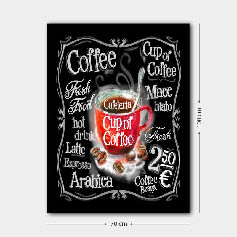 Lærred 70x100 cm - Farverig kaffekop med damp, omgivet af tekst og kaffebønner - Rød / Sort / Hvid - Boligtilbehør - Billeder & kunst - Billeder på lærred