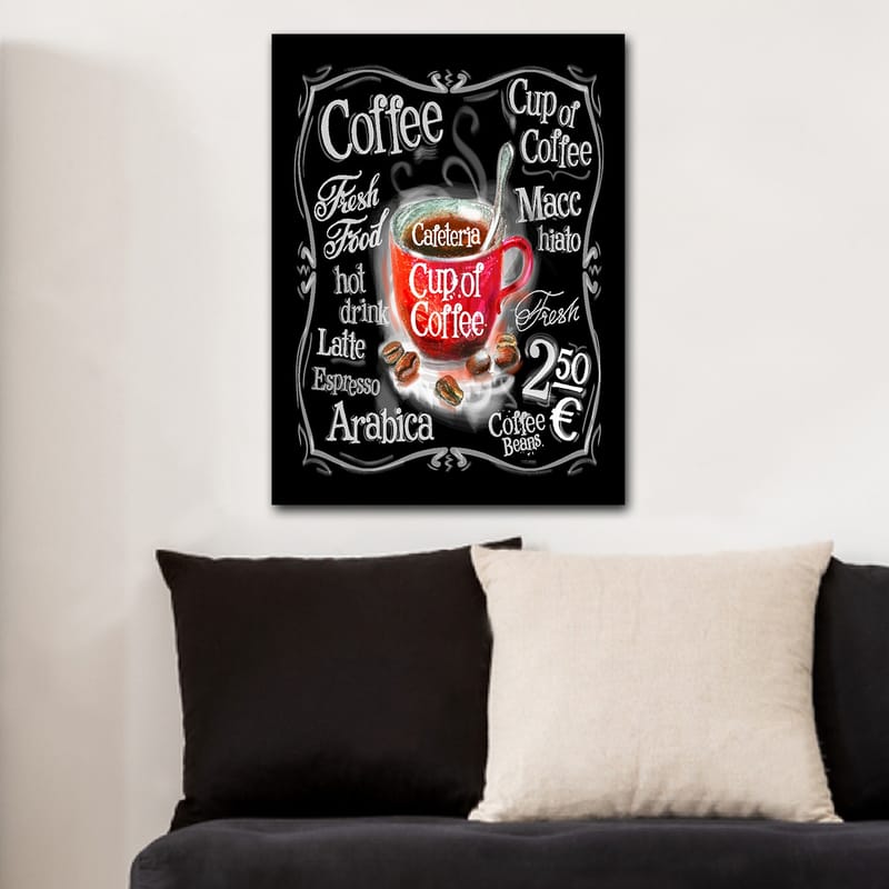 Lærred 70x100 cm - Farverig kaffekop med damp, omgivet af tekst og kaffebønner, Rød / Sort / Hvid