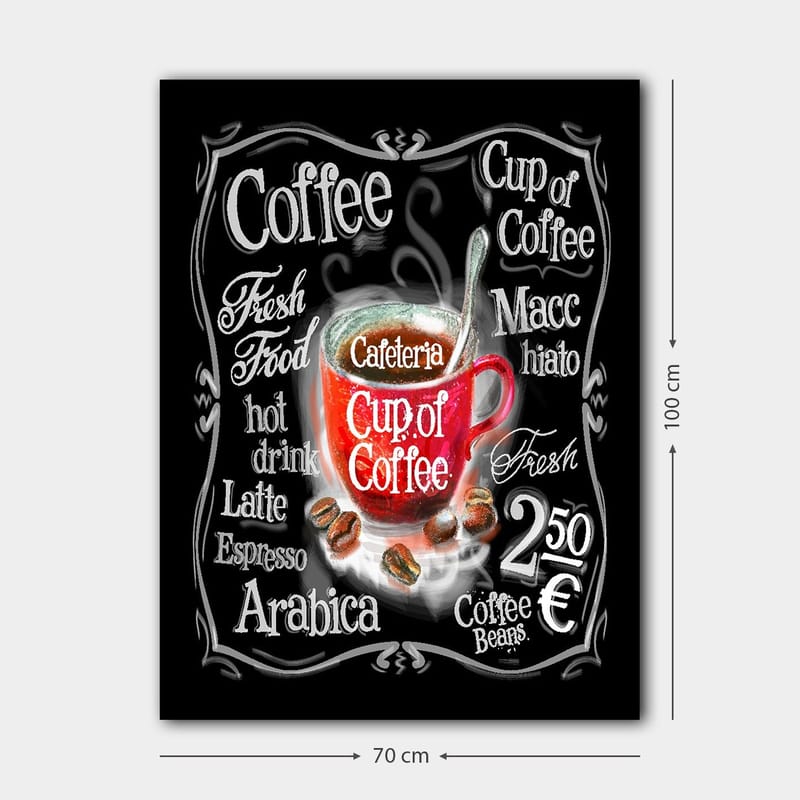 Lærred 70x100 cm - Farverig kaffekop med damp, omgivet af tekst og kaffebønner - Rød / Sort / Hvid - Boligtilbehør - Billeder & kunst - Billeder på lærred