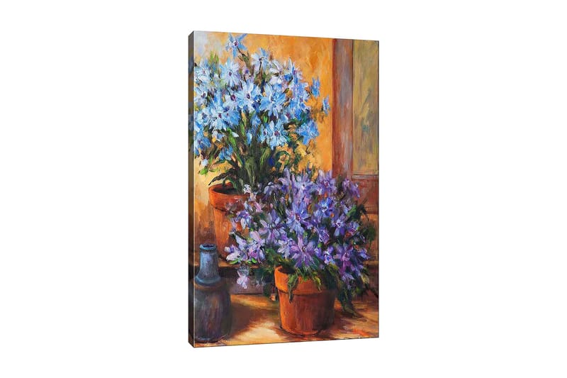 Lærred 70x100 cm - Farverig komposition af blå og lilla blomster i potter, Blå / Lilla / Grøn