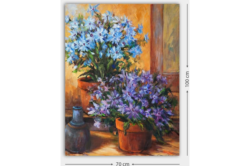 Lærred 70x100 cm - Farverig komposition af blå og lilla blomster i potter - Blå / Lilla / Grøn - Boligtilbehør - Billeder & kunst - Billeder på lærred