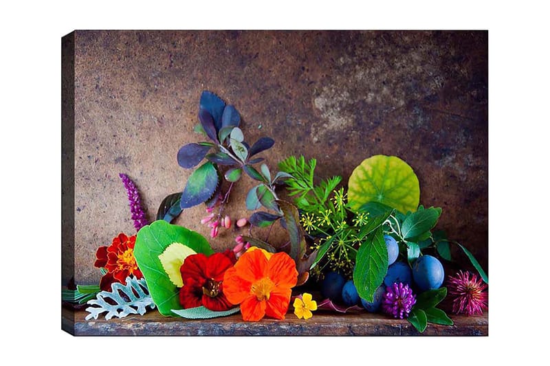 Lærred 70x100 cm - Farverig komposition af blomster og grønne blade - Rød / Grøn / Lilla - Boligtilbehør - Billeder & kunst - Billeder på lærred