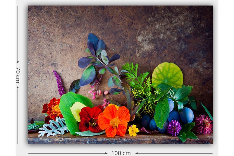Lærred 70x100 cm - Farverig komposition af blomster og grønne blade - Rød / Grøn / Lilla - Boligtilbehør - Billeder & kunst - Billeder på lærred