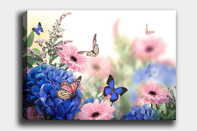 Lærred 70x100 cm - Farverig komposition af blomster og sommerfugle i et harmonisk naturligt miljø, Blå / Lyserød / Lilla