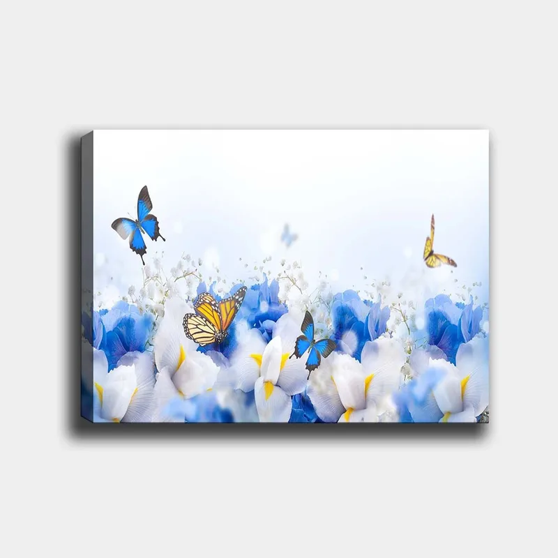 Lærred 70x100 cm - Farverig komposition af sommerfugle, der svæver over hvide og blå blomster, Blå / Hvid / Gul