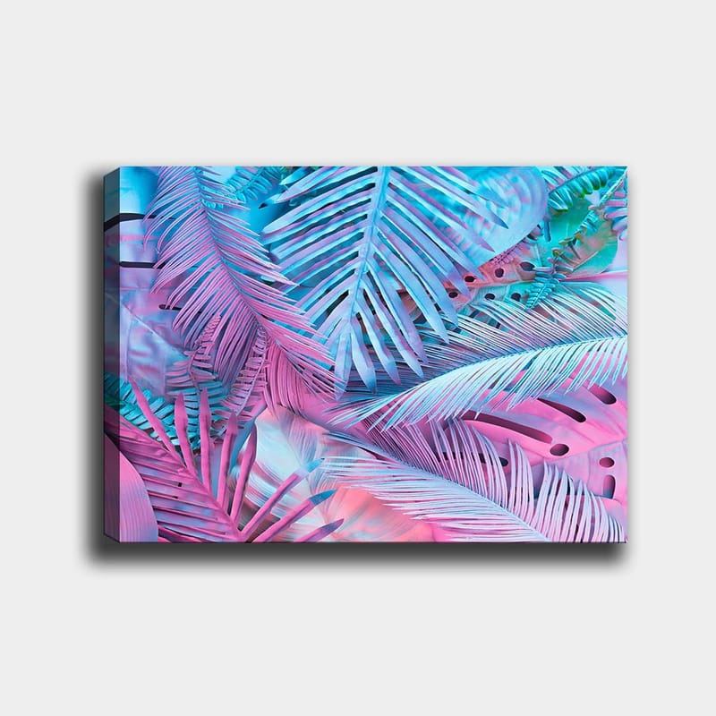 Lærred 70x100 cm - Farverig komposition af tropiske palmeblade i lyserøde og blå nuancer - Lyserød / Blå / Turkis - Boligtilbehør - Billeder & kunst - Billeder på lærred