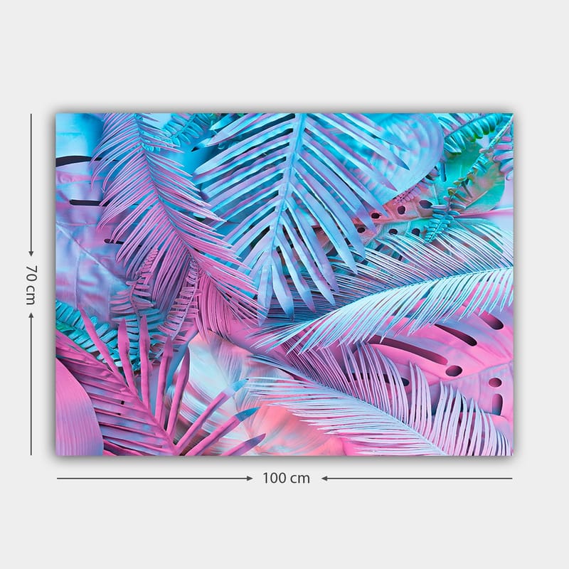 Lærred 70x100 cm - Farverig komposition af tropiske palmeblade i lyserøde og blå nuancer - Lyserød / Blå / Turkis - Boligtilbehør - Billeder & kunst - Billeder på lærred