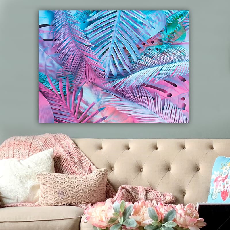 Lærred 70x100 cm - Farverig komposition af tropiske palmeblade i lyserøde og blå nuancer - Lyserød / Blå / Turkis - Boligtilbehør - Billeder & kunst - Billeder på lærred