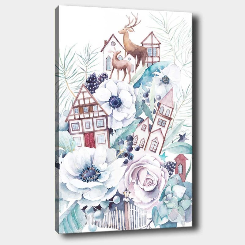 Lærred 70x100 cm - Farverig komposition med blomster, huse og dyr i et harmonisk landskabsdesign - Hvid / Grøn / Brun - Boligtilbehør - Billeder & kunst - Billeder på lærred