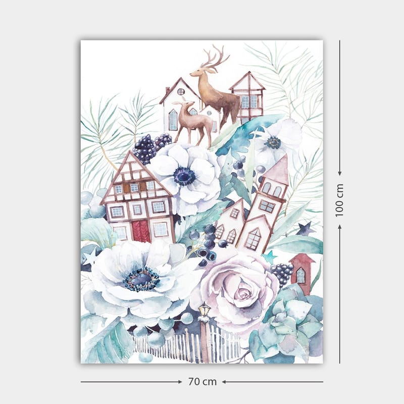 Lærred 70x100 cm - Farverig komposition med blomster, huse og dyr i et harmonisk landskabsdesign - Hvid / Grøn / Brun - Boligtilbehør - Billeder & kunst - Billeder på lærred