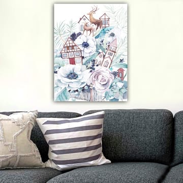Lærred 70x100 cm - Farverig komposition med blomster, huse og dyr i et harmonisk landskabsdesign - Hvid / Grøn / Brun - Boligtilbehør - Billeder & kunst - Billeder på lærred