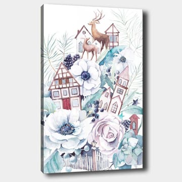 Lærred 70x100 cm - Farverig komposition med blomster, huse og dyr i et harmonisk landskabsdesign - Hvid / Grøn / Brun - Boligtilbehør - Billeder & kunst - Billeder på lærred