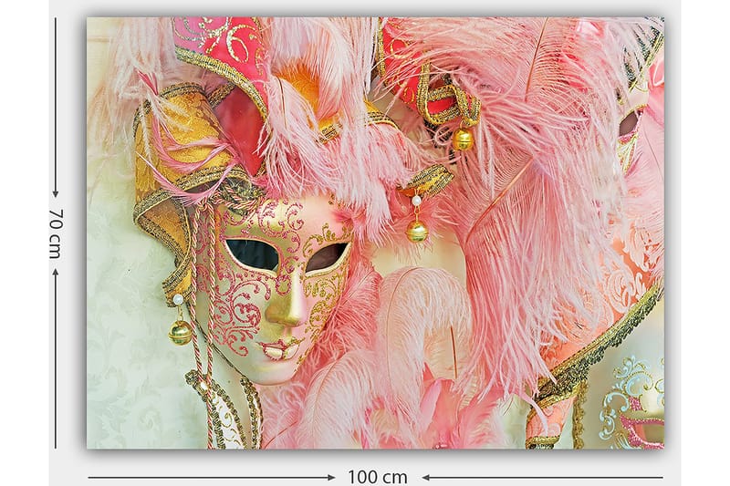 Lærred 70x100 cm - Farverig maskerademaske udsmykket med fjer og ornamenter, der indfanger den festlige atmosfære ved et maskeradebal - Lyserød / Guld / Hvid - Boligtilbehør - Billeder & kunst - Billeder på lærred