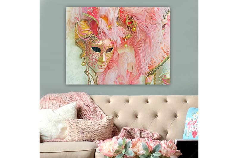 Lærred 70x100 cm - Farverig maskerademaske udsmykket med fjer og ornamenter, der indfanger den festlige atmosfære ved et maskeradebal, Lyserød / Guld / Hvid