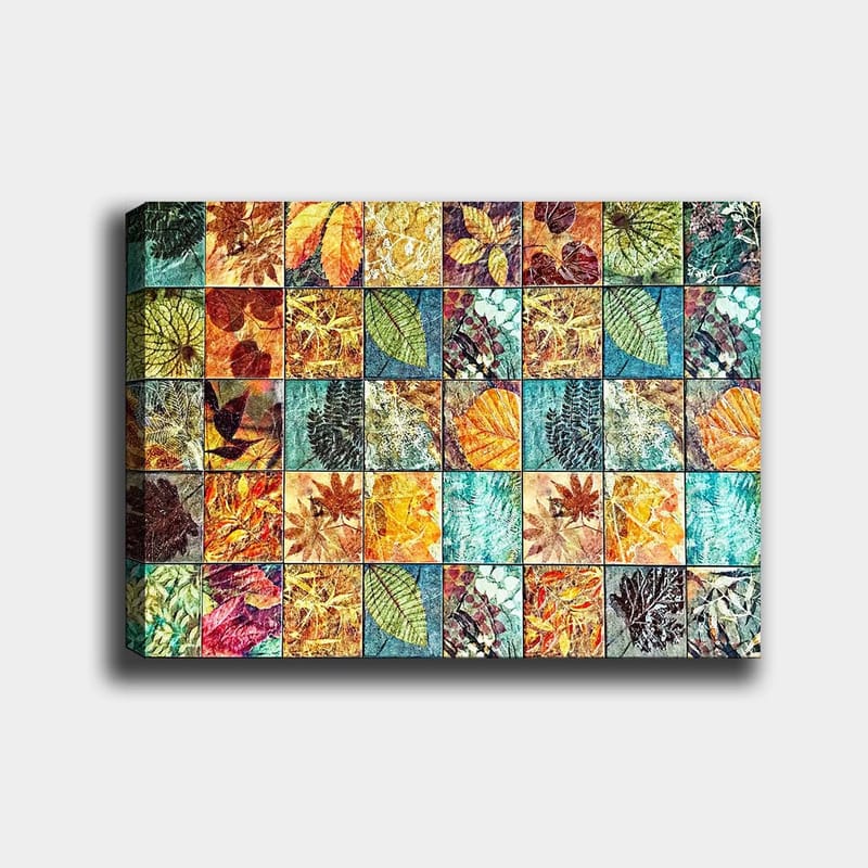 Lærred 70x100 cm - Farverig mosaik af forskellige blade i varierende nuancer og mønstre, Grøn / Orange / Gul