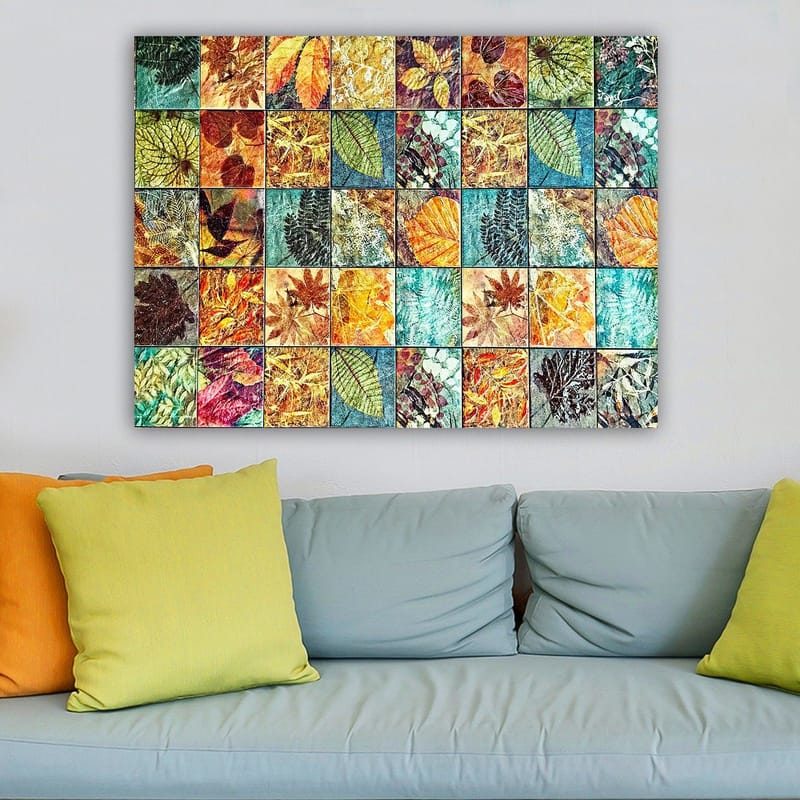 Lærred 70x100 cm - Farverig mosaik af forskellige blade i varierende nuancer og mønstre - Grøn / Orange / Gul - Boligtilbehør - Billeder & kunst - Billeder på lærred