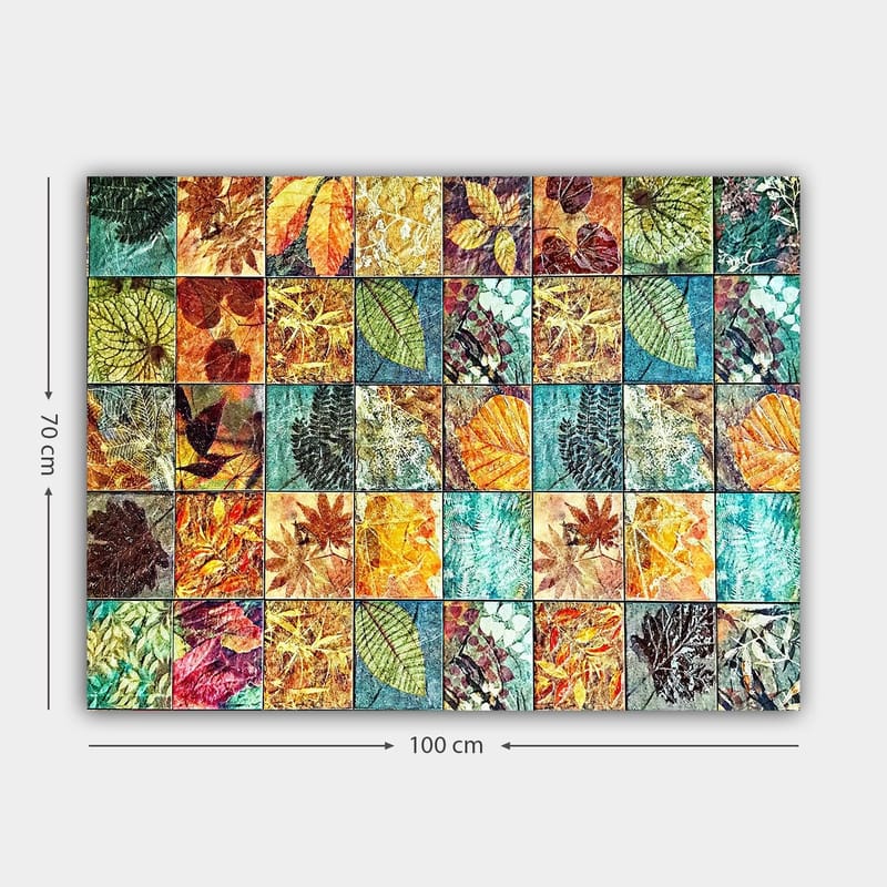 Lærred 70x100 cm - Farverig mosaik af forskellige blade i varierende nuancer og mønstre - Grøn / Orange / Gul - Boligtilbehør - Billeder & kunst - Billeder på lærred