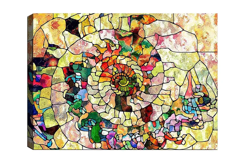 Lærred 70x100 cm - Farverig muslingeskal med geometriske mønstre og spiraldetaljer, Grøn / Rød / Gul