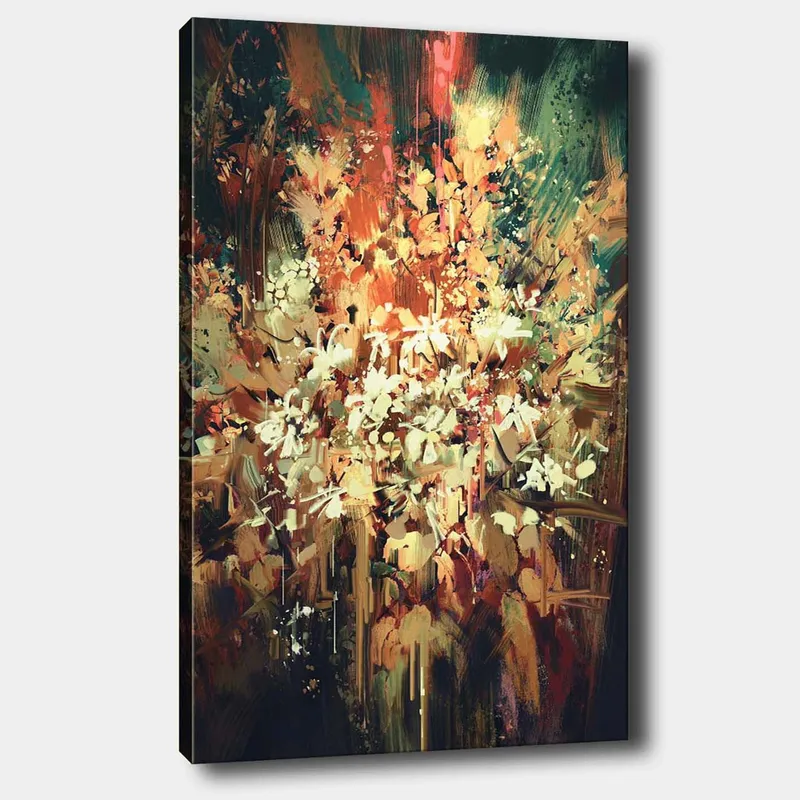Lærred 70x100 cm - Farverig og abstrakt blomsterkomposition, der indfanger naturens skønhed, Grøn / Orange / Hvid