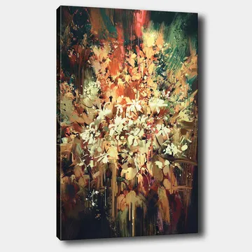 Lærred 70x100 cm - Farverig og abstrakt blomsterkomposition, der indfanger naturens skønhed - Grøn / Orange / Hvid - Boligtilbehør - Billeder & kunst - Billeder på lærred