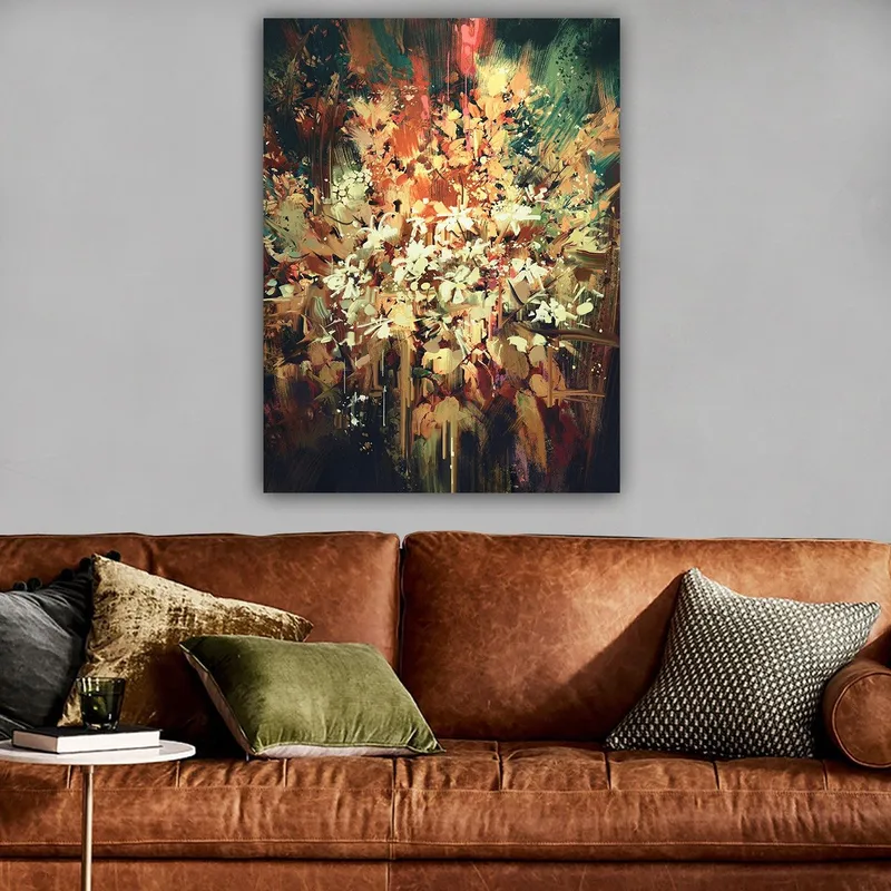 Lærred 70x100 cm - Farverig og abstrakt blomsterkomposition, der indfanger naturens skønhed - Grøn / Orange / Hvid - Boligtilbehør - Billeder & kunst - Billeder på lærred