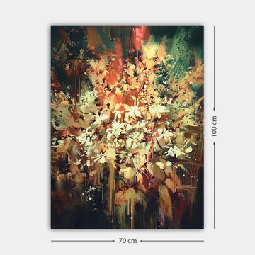 Lærred 70x100 cm - Farverig og abstrakt blomsterkomposition, der indfanger naturens skønhed - Grøn / Orange / Hvid - Boligtilbehør - Billeder & kunst - Billeder på lærred