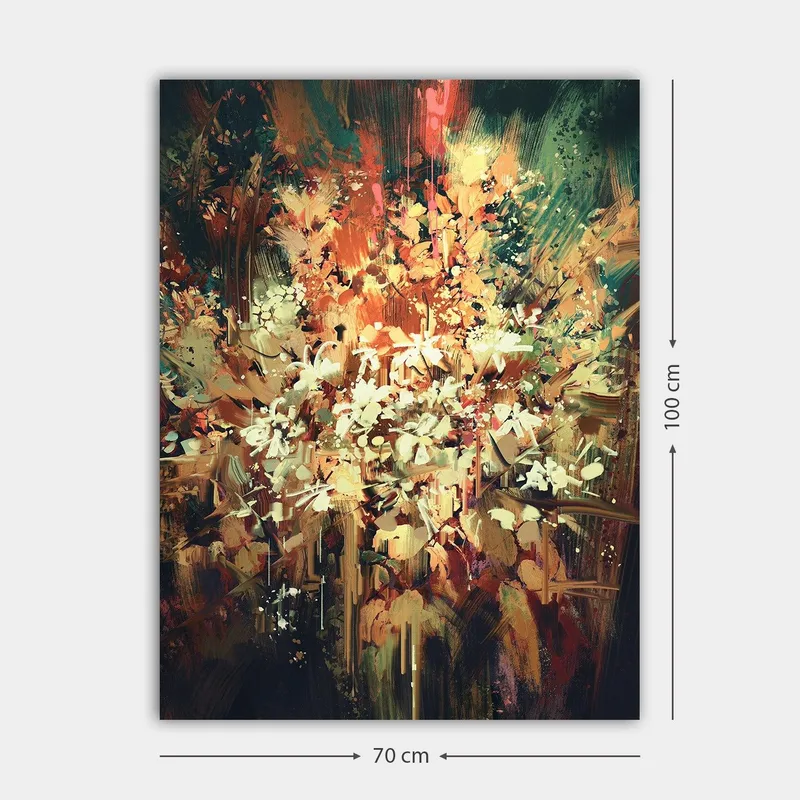 Lærred 70x100 cm - Farverig og abstrakt blomsterkomposition, der indfanger naturens skønhed - Grøn / Orange / Hvid - Boligtilbehør - Billeder & kunst - Billeder på lærred