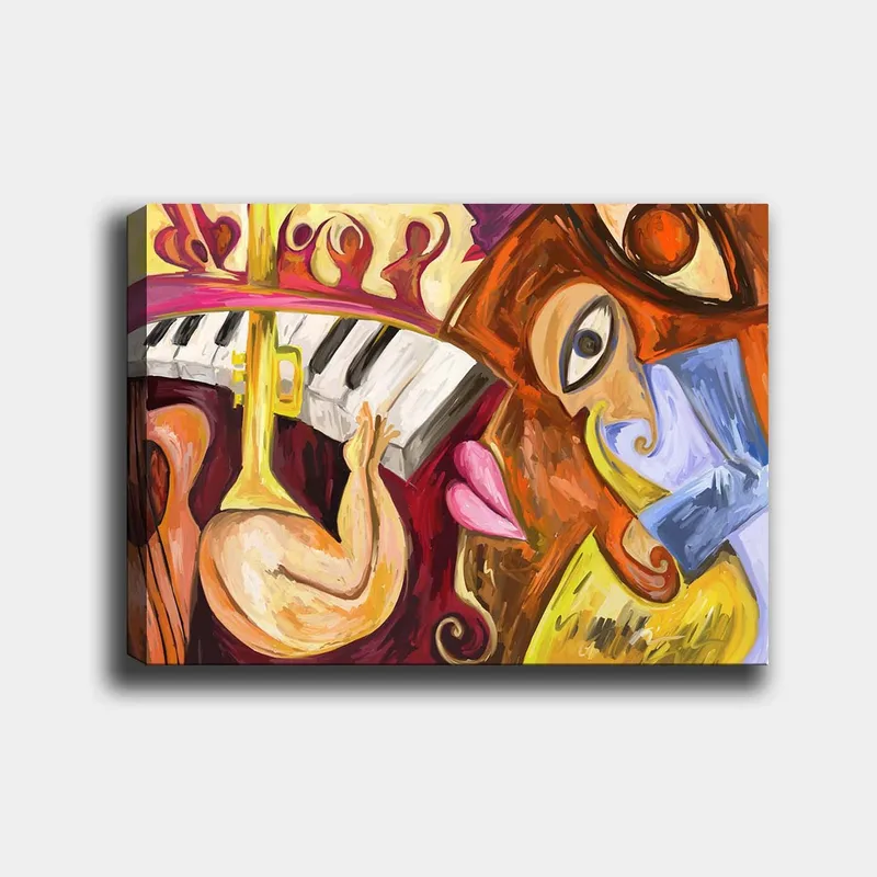 Lærred 70x100 cm - Farverig og abstrakt komposition med musikalske elementer og ansigtsmotiver - Rød / Gul / Blå - Boligtilbehør - Billeder & kunst - Billeder på lærred