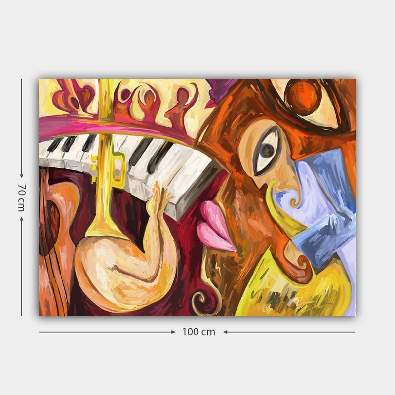 Lærred 70x100 cm - Farverig og abstrakt komposition med musikalske elementer og ansigtsmotiver - Rød / Gul / Blå - Boligtilbehør - Billeder & kunst - Billeder på lærred