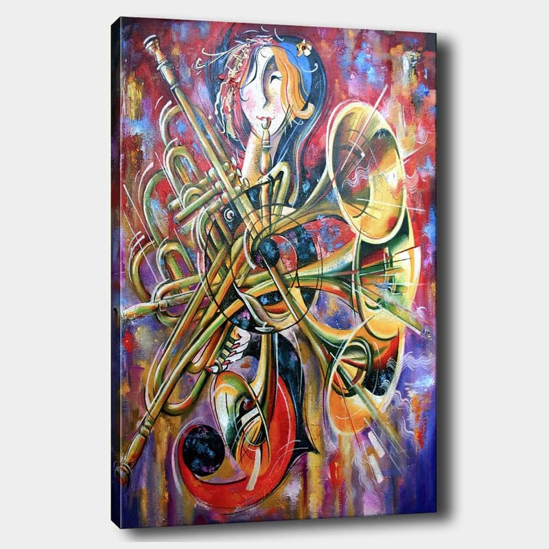 Lærred 70x100 cm - Farverig og abstrakt skildring af en musiker omgivet af forskellige blæseinstrumenter, Guld / Rød / Blå