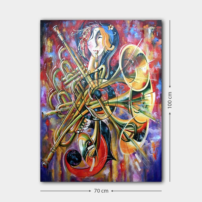 Lærred 70x100 cm - Farverig og abstrakt skildring af en musiker omgivet af forskellige blæseinstrumenter - Guld / Rød / Blå - Boligtilbehør - Billeder & kunst - Billeder på lærred
