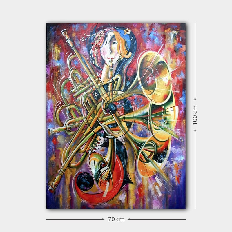 Lærred 70x100 cm - Farverig og abstrakt skildring af en musiker omgivet af forskellige blæseinstrumenter - Guld / Rød / Blå - Boligtilbehør - Billeder & kunst - Billeder på lærred