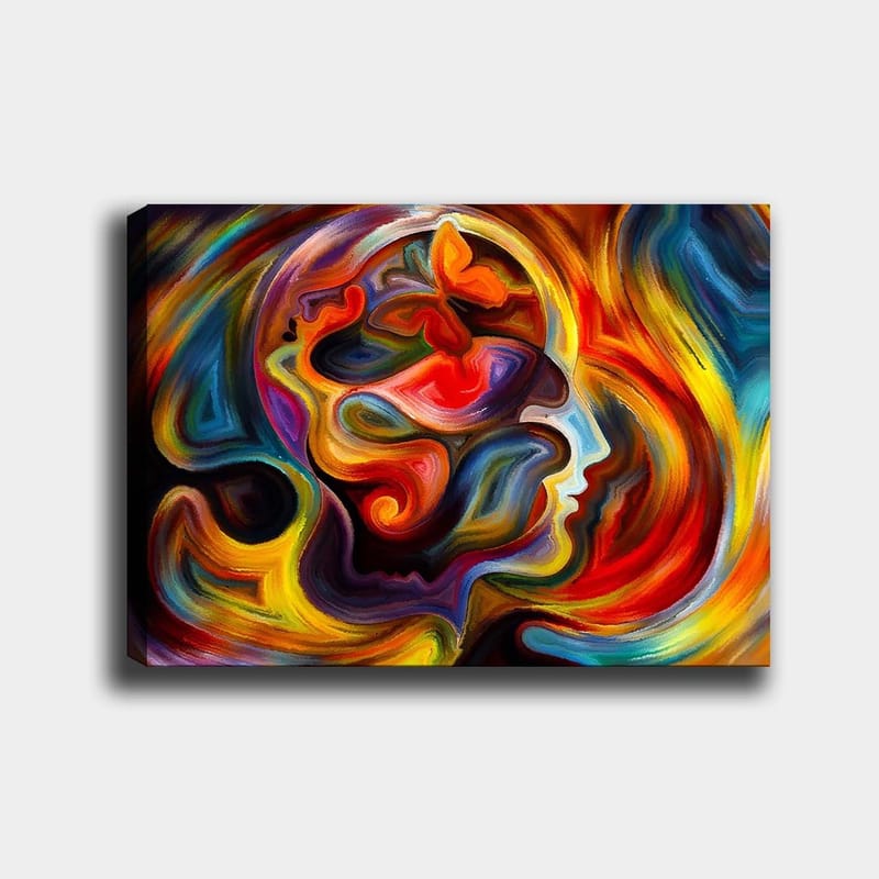 Lærred 70x100 cm - Farverig og abstrakt skildring af en persons profil med elementer af en sommerfugl, der symboliserer transformation og frihed, Rød / Orange / Blå