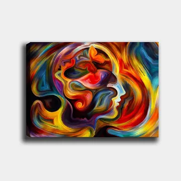 Lærred 70x100 cm - Farverig og abstrakt skildring af en persons profil med elementer af en sommerfugl, der symboliserer transformation og frihed - Rød / Orange / Blå - Boligtilbehør - Billeder & kunst - Billeder på lærred