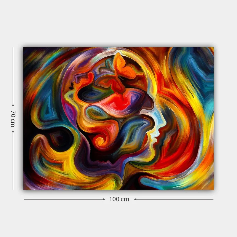 Lærred 70x100 cm - Farverig og abstrakt skildring af en persons profil med elementer af en sommerfugl, der symboliserer transformation og frihed - Rød / Orange / Blå - Boligtilbehør - Billeder & kunst - Billeder på lærred