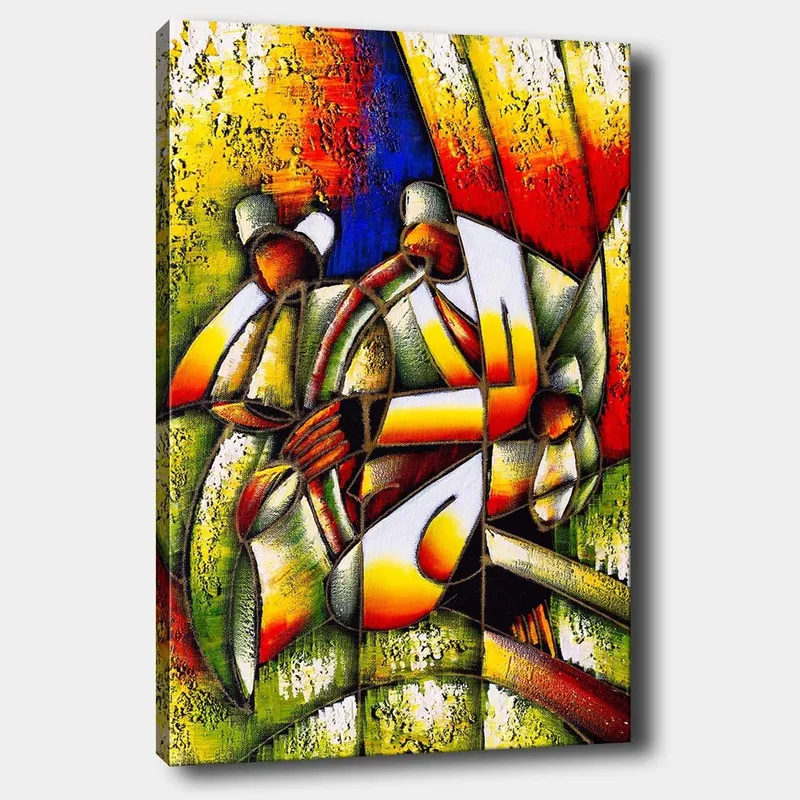 Lærred 70x100 cm - Farverig og abstrakt skildring af mennesker, der interagerer med hinanden, Grøn / Gul / Rød