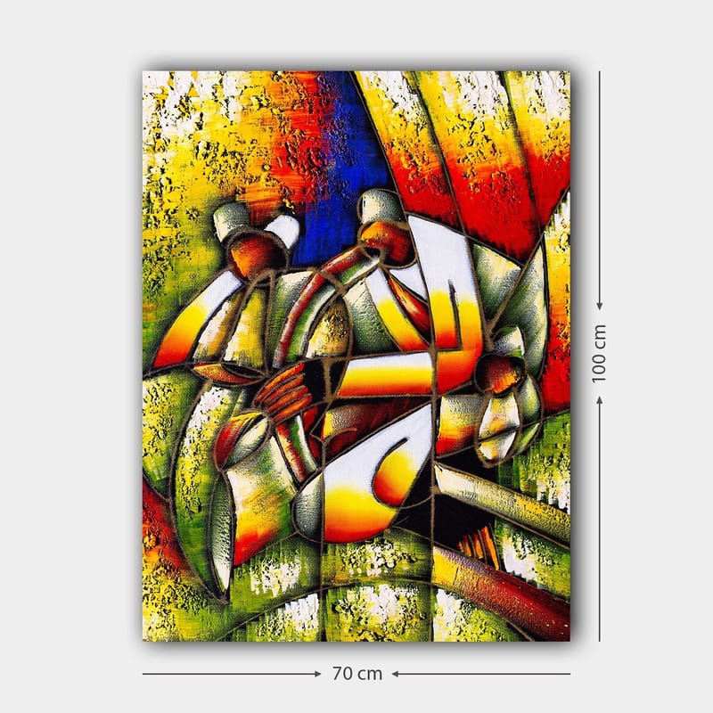 Lærred 70x100 cm - Farverig og abstrakt skildring af mennesker, der interagerer med hinanden - Grøn / Gul / Rød - Boligtilbehør - Billeder & kunst - Billeder på lærred