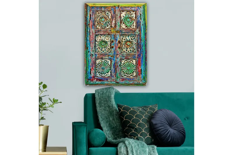 Lærred 70x100 cm - Farverig og detaljeret dør med indviklede udskæringer og mønstre - Grøn / Blå / Rød - Boligtilbehør - Billeder & kunst - Billeder på lærred