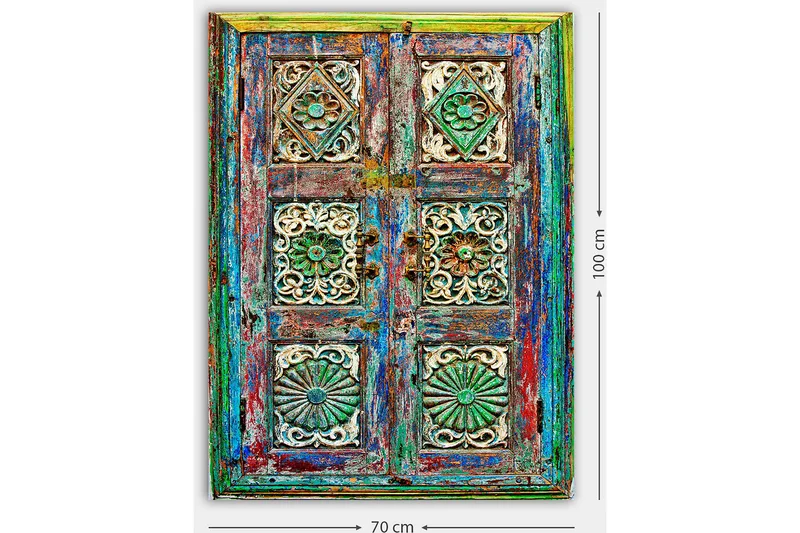 Lærred 70x100 cm - Farverig og detaljeret dør med indviklede udskæringer og mønstre - Grøn / Blå / Rød - Boligtilbehør - Billeder & kunst - Billeder på lærred