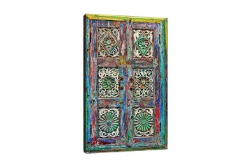 Lærred 70x100 cm - Farverig og detaljeret dør med indviklede udskæringer og mønstre - Grøn / Blå / Rød - Boligtilbehør - Billeder & kunst - Billeder på lærred