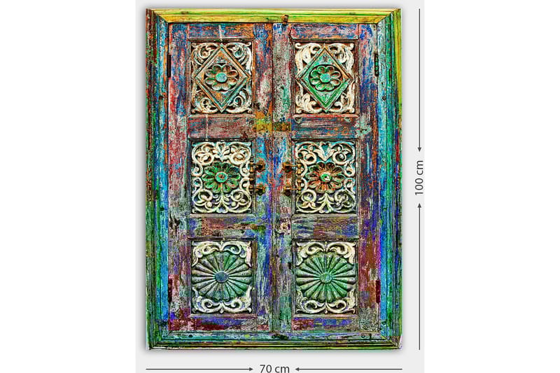 Lærred 70x100 cm - Farverig og detaljeret dør med indviklede udskæringer og mønstre - Grøn / Blå / Rød - Boligtilbehør - Billeder & kunst - Billeder på lærred